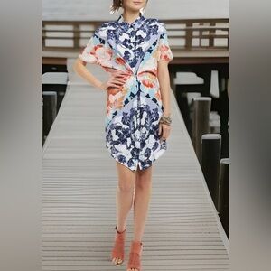 MAEVE ANTHROPOLOGIE Hibiscus Bloom Shirt Dress S Floral Button Down Cinch Waist